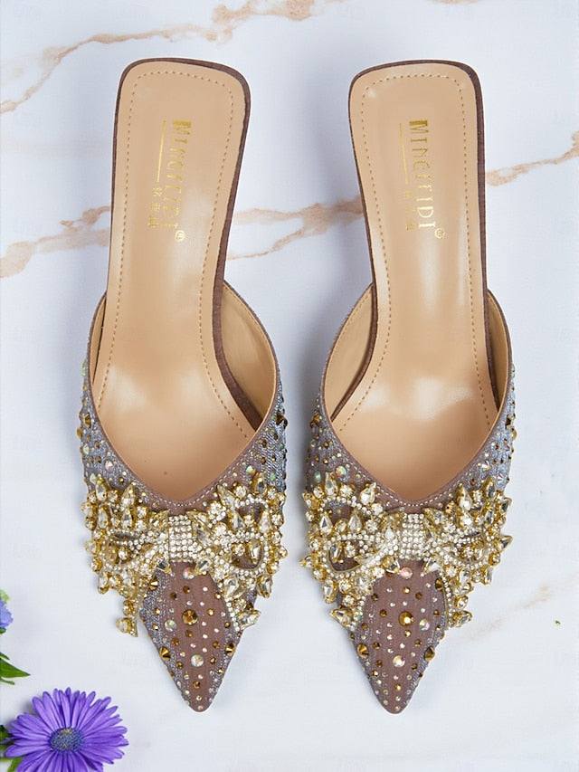 Toe Rhinestone Pointed Slip-On Women's Mules - Glitter