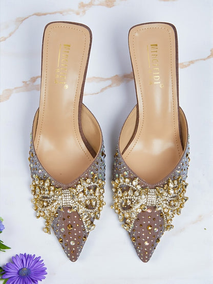 Toe Rhinestone Pointed Slip-On Women's Mules - Glitter