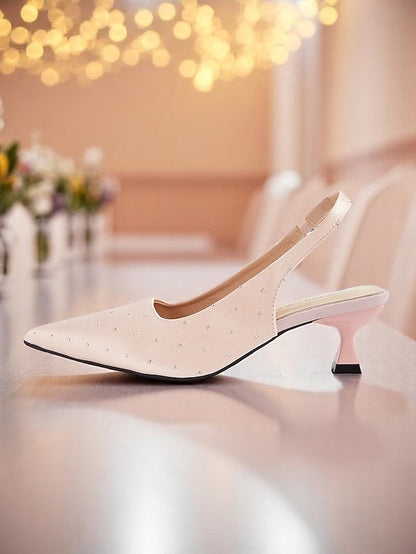 Heels Studs with Kitten Rhinestone Slingback Satin Women's