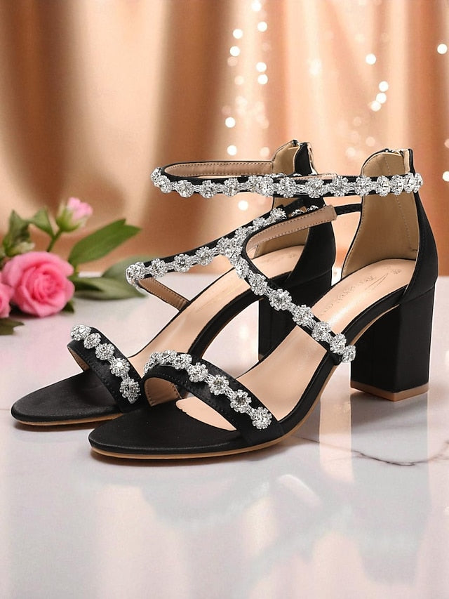 Open Women's Block Heel Elegant Rhinestone - Sandals White