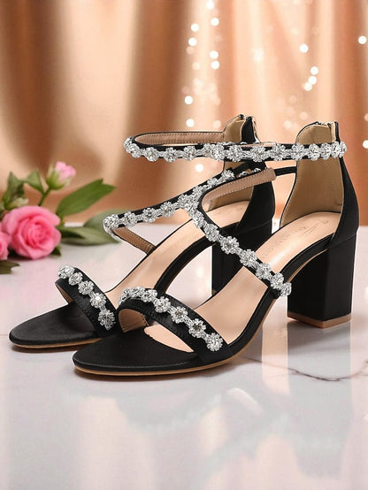 Open Women's Block Heel Elegant Rhinestone - Sandals White