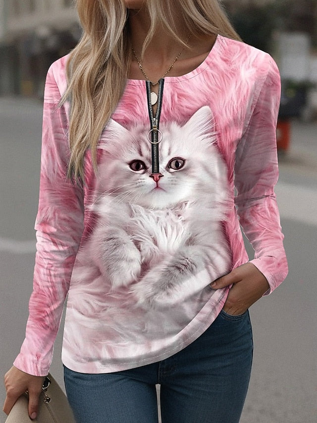 Women's T Shirt Zipper Print Graphic Animal Vintage Stylish