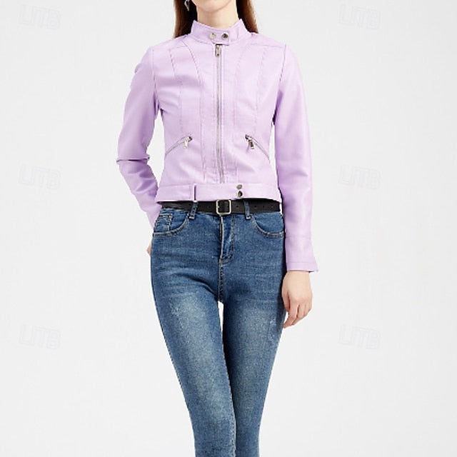 Faux Zipper Jacket Pocket Leather Women's Comfortable