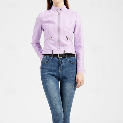 Faux Zipper Jacket Pocket Leather Women's Comfortable