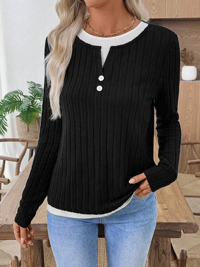 Women's Blouse Patchwork Buttons Solid Color Stylish Casual
