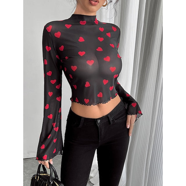 Women's Blouse Print Heart Daily Stylish Long Sleeve High