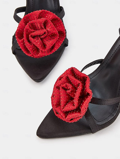 Sandals Black with Embellishments - High Red Heel Floral Chic