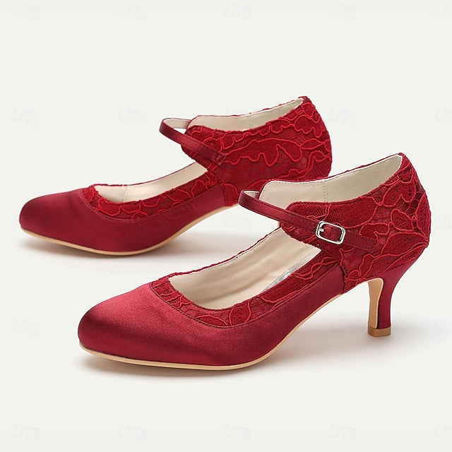 Satin Comfortable - Heels Elegant Red Women's Lace Mid-Heel