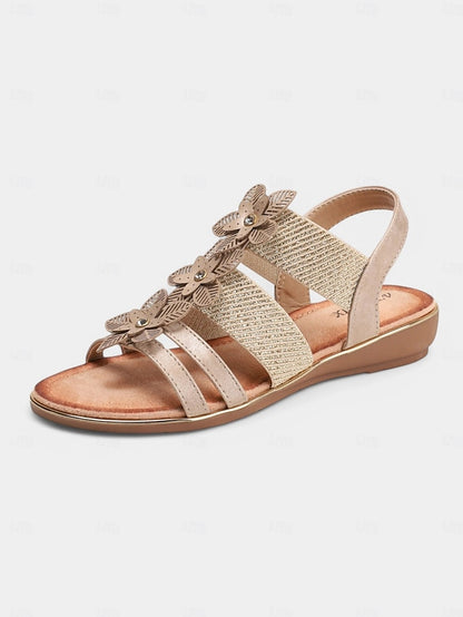Floral Rhinestone Sandals Flat Women's Beige – Elegant