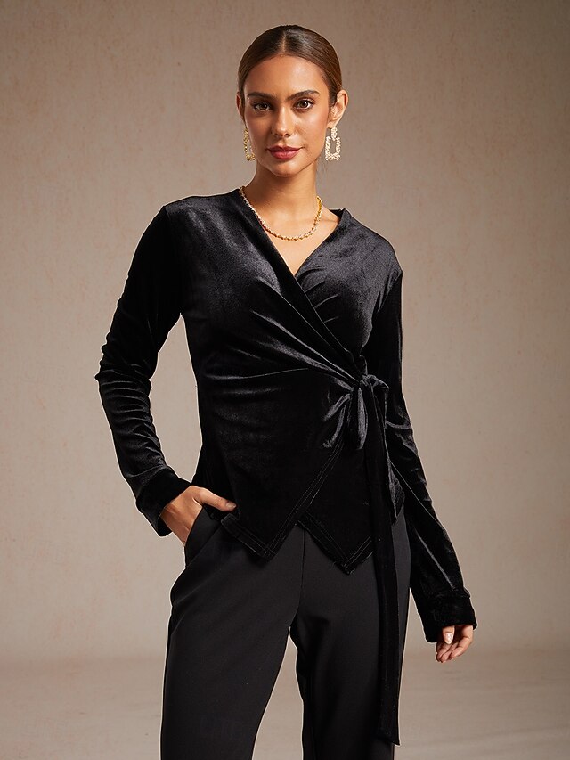 Women's Velvet Wrap Tops Dressy Tops Tie Front Solid Color