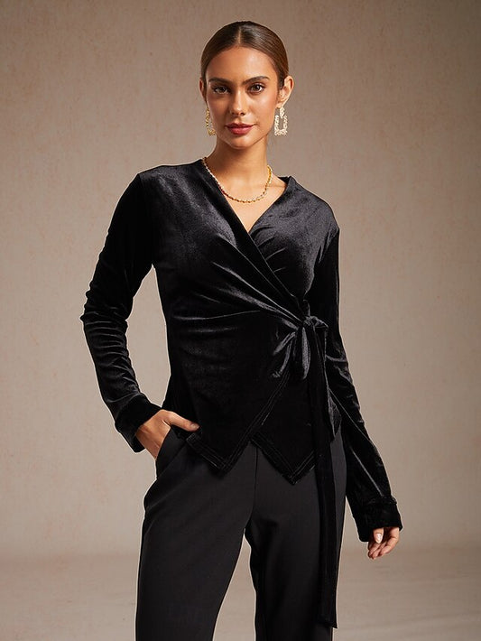 Women's Velvet Wrap Tops Dressy Tops Tie Front Solid Color