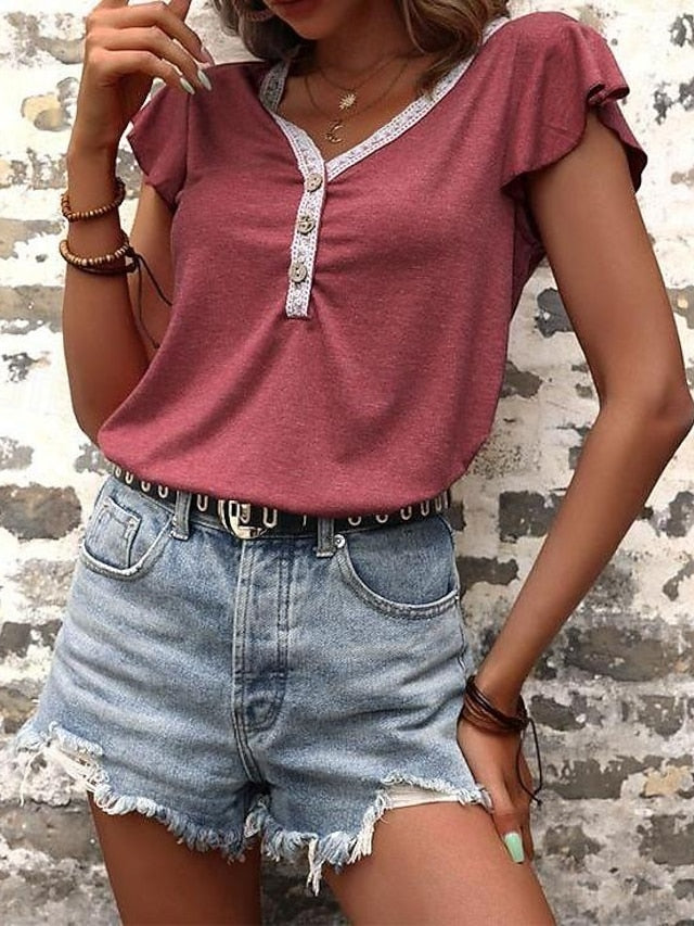 Women's T Shirt Quarter Button Tee Lace Vintage Stylish