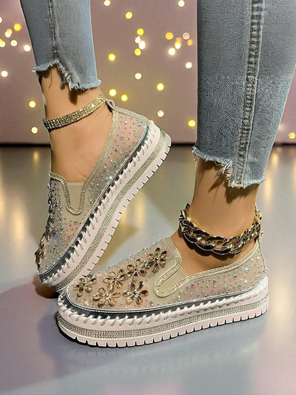 Embellished Sneakers Slip-On with Women's Mesh Rhinestone