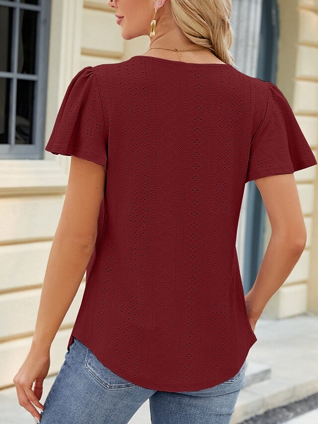 Women's Blouse Eyelet Solid Color Stylish Casual Short