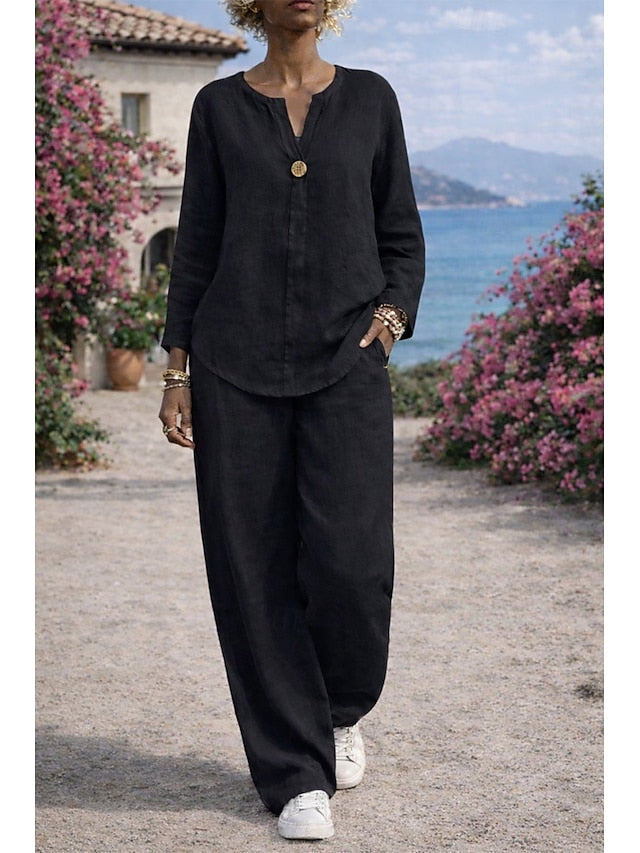 Women's Shirt Two Piece Sets Faux Cotton Linen Linen Pants