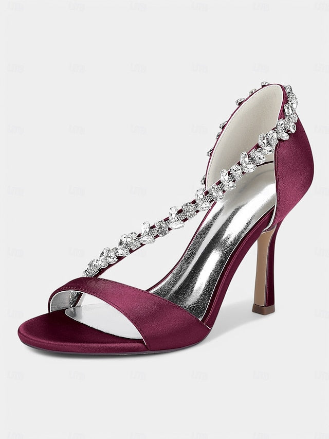 Champagne Crystal Satin High T-Strap Women's Heels with –