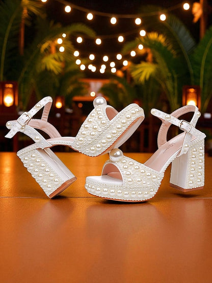 Block Heel Platform Embellished White Sandals Pearl Women's