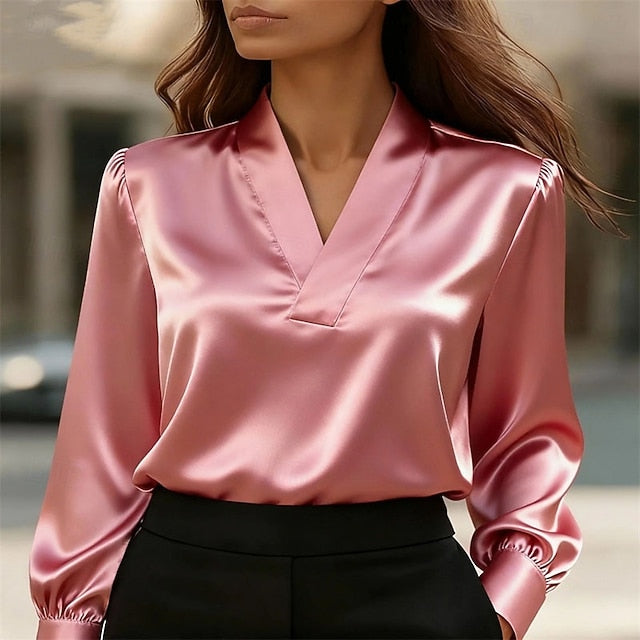 Women's Shirt Elegant Dressy Satin Top Ruched Patchwork