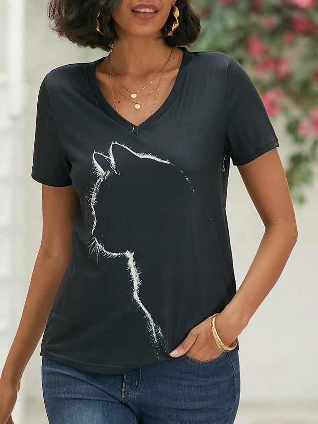 Women's T shirt Tee Black Graphic Cat Print Short Sleeve