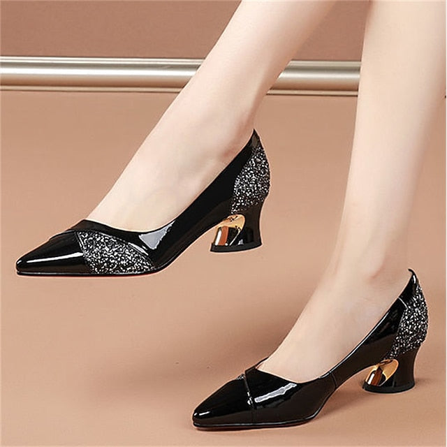 Glitter-Accented Heels Block Patent Leather Faux Women's