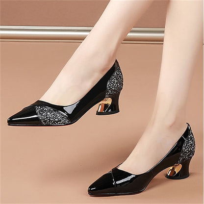 Glitter-Accented Heels Block Patent Leather Faux Women's