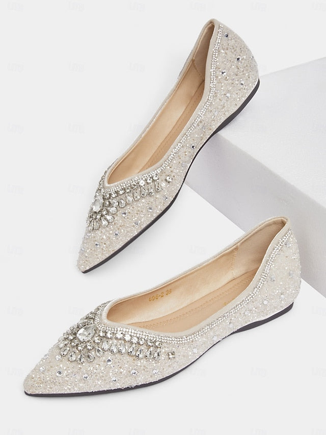 with Toe Glitter Flats Pointed Crystal Women's Silver
