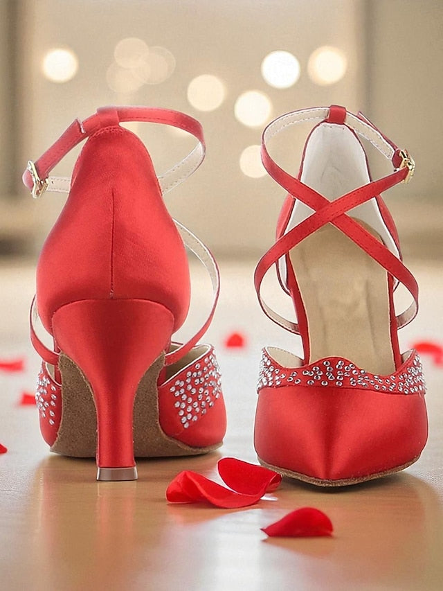 Women's Shoes Toe Closed Dance Satin Red Ballroom Cross -