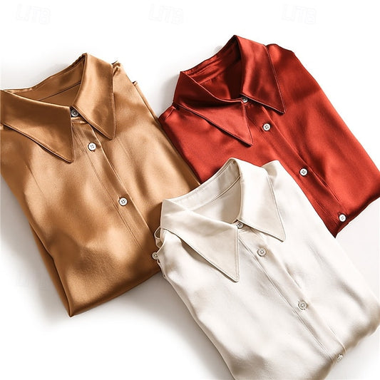 Buttons Top Shirt Women's Plain Satin Silk Elegant