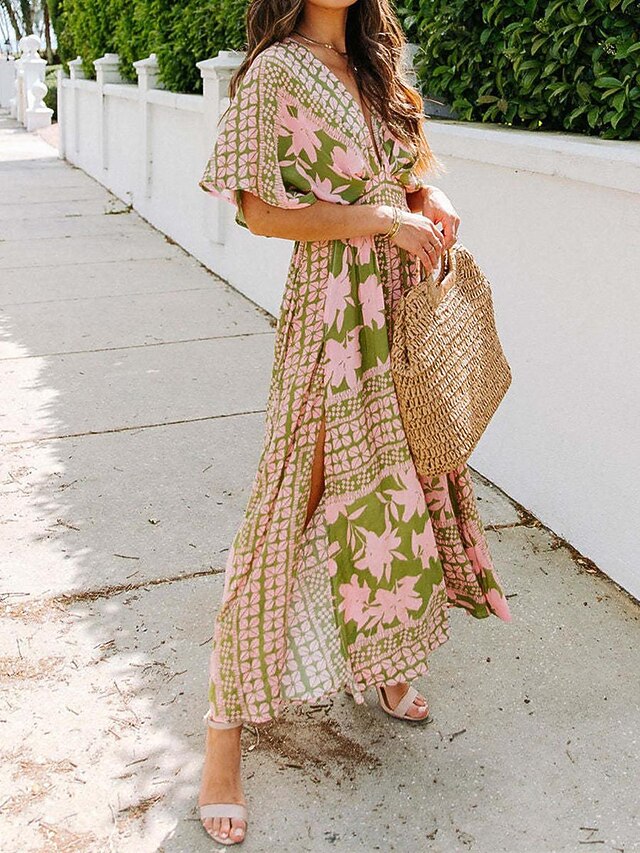 Women's Casual Dress Floral Split Print V Neck Long Dress