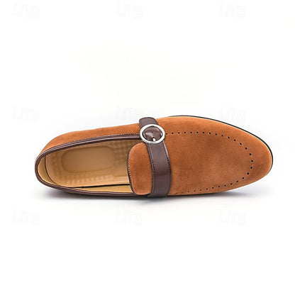 Loafers Buckle Slip-On Strap Brown Suede with Faux Men's