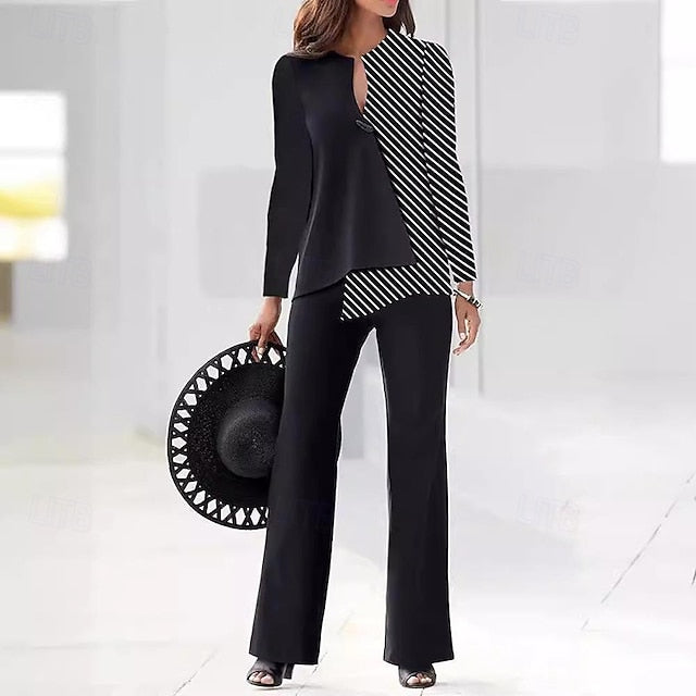 Women's Pants Sets Bolero Top Long Sleeve V Neck Striped