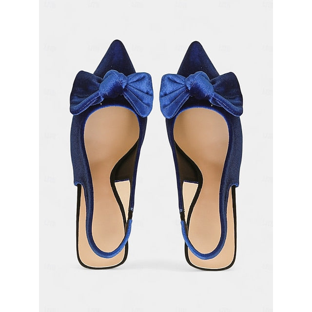 Slingback Women's Velvet Bow Blue with Heels Pointed Toe