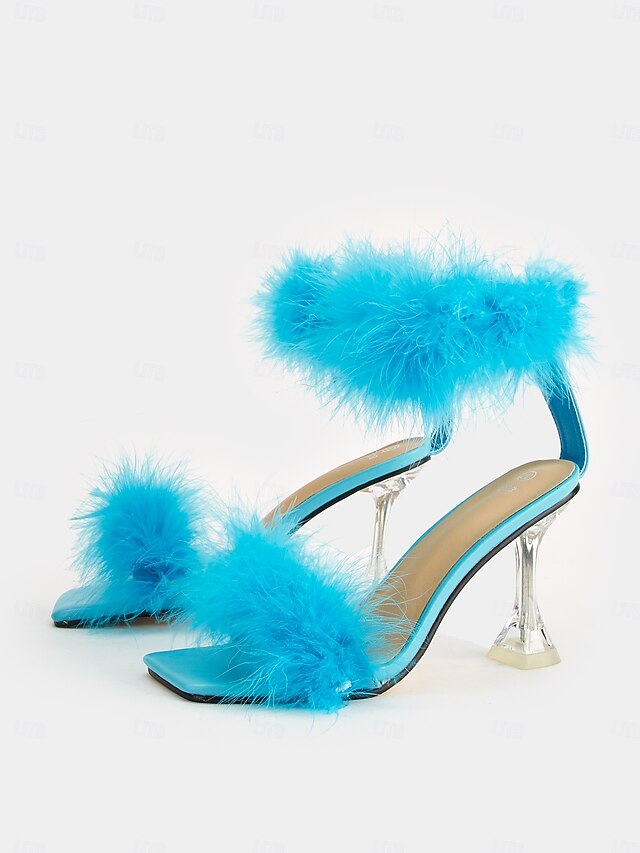 Feather-Embellished Heel Clear with Sandals Turquoise High