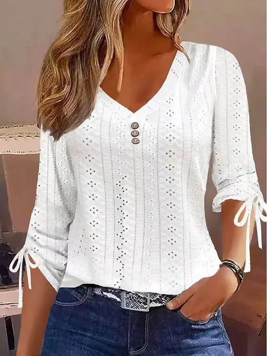 Women's T Shirt Eyelet top Dressy Tops Buttons Plain