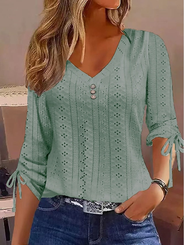 Women's T Shirt Eyelet top Dressy Tops Buttons Plain