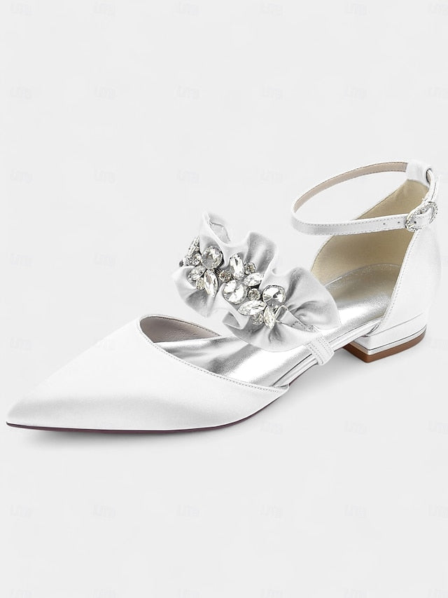 with Rhinestone Flats Women's Satin Black Pointed-Toe