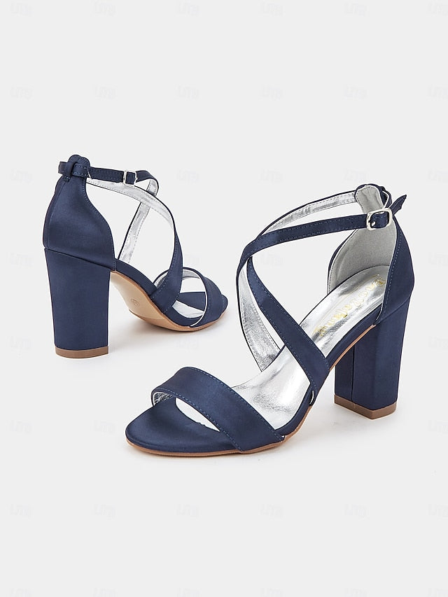 Satin Heel Elegant Block Women's Strappy Sandals –