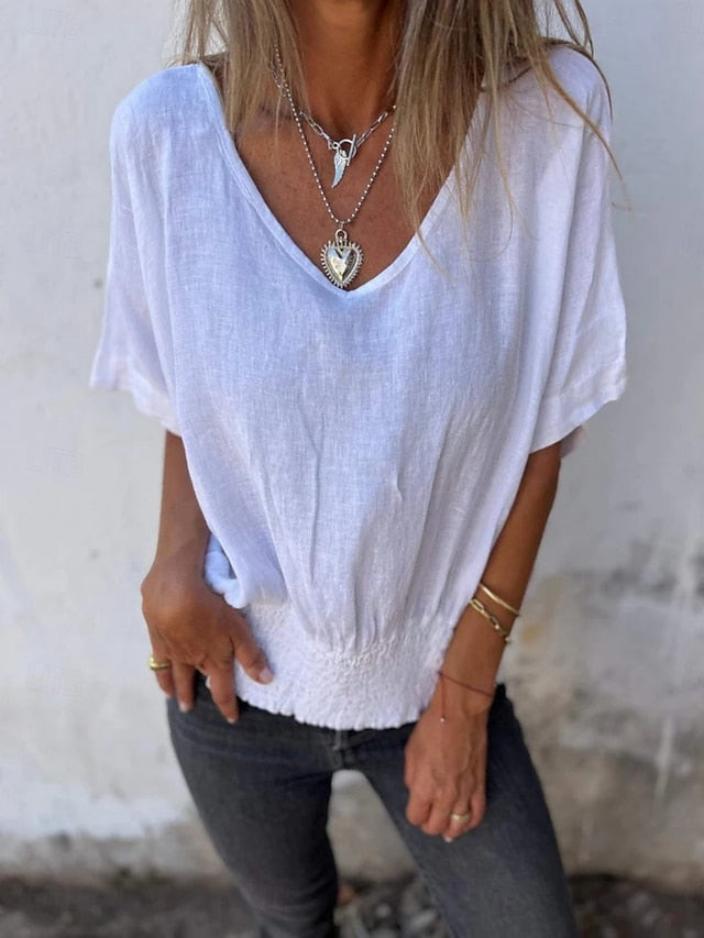 Women's Shirt Blouse 100% Cotton Ruched Solid Color Basic