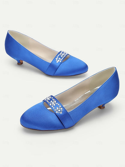 with Kitten Heels Women's Blue Satin Rhinestone
