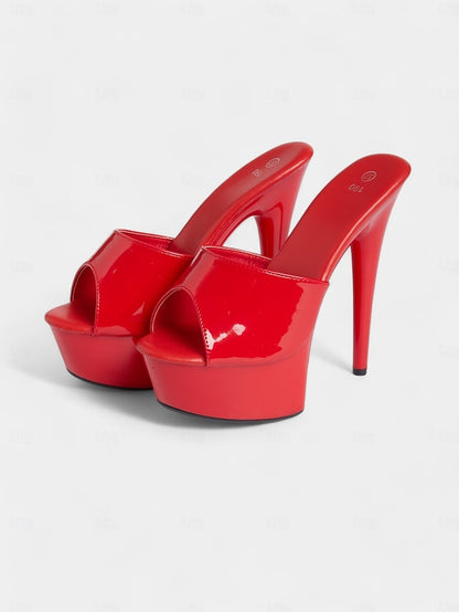 High with Patent Red Platform Heels Leather Women's