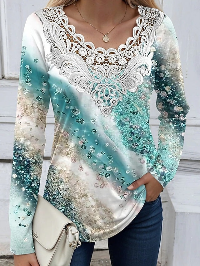 Women's Blouse Lace Patchwork Print Floral Marble Stylish