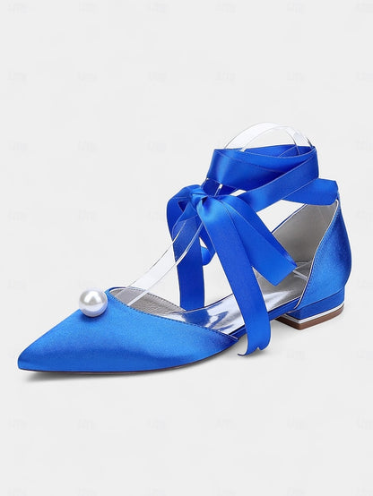 Satin Toe Embellished Pearl - Flats Pointed Women's Navy
