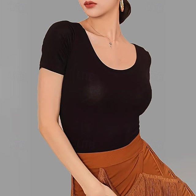 Latin Dance Ballroom Dance Top Lace Hollow-out Pure Color