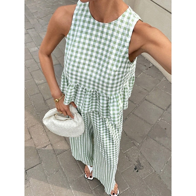 Women's Pants Sets Bolero Top Sleeveless Crew Neck Plaid