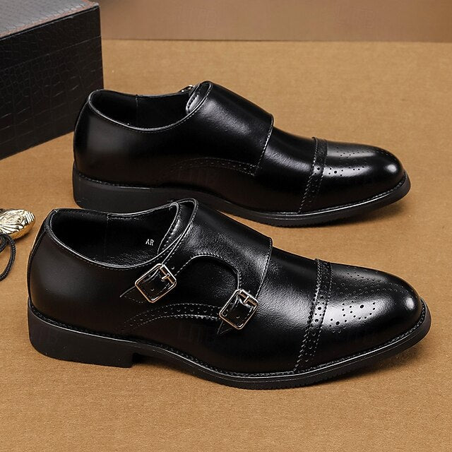 Double Strap with Brown Shoes Men's Leather Monk Faux