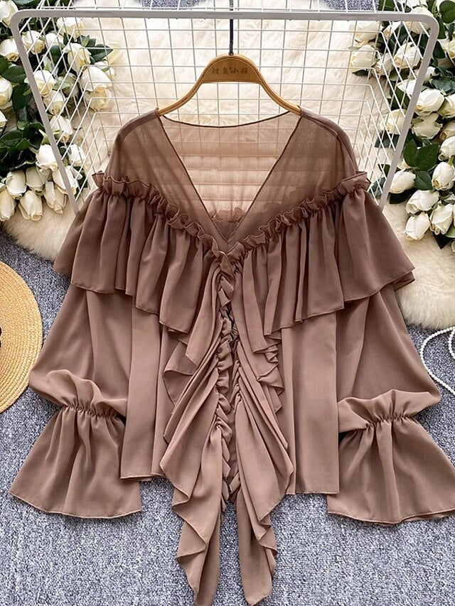 Women's Popover Shirt Casual Shirt Blouse Ruffle Solid