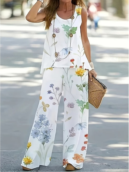 Women's Pants Sets Sleeveless Round Neck U Neck Floral