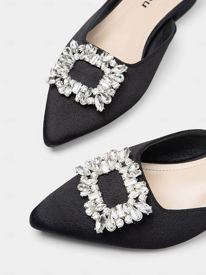 Rhinestone Satin Pointed-Toe Black with Mules Women's