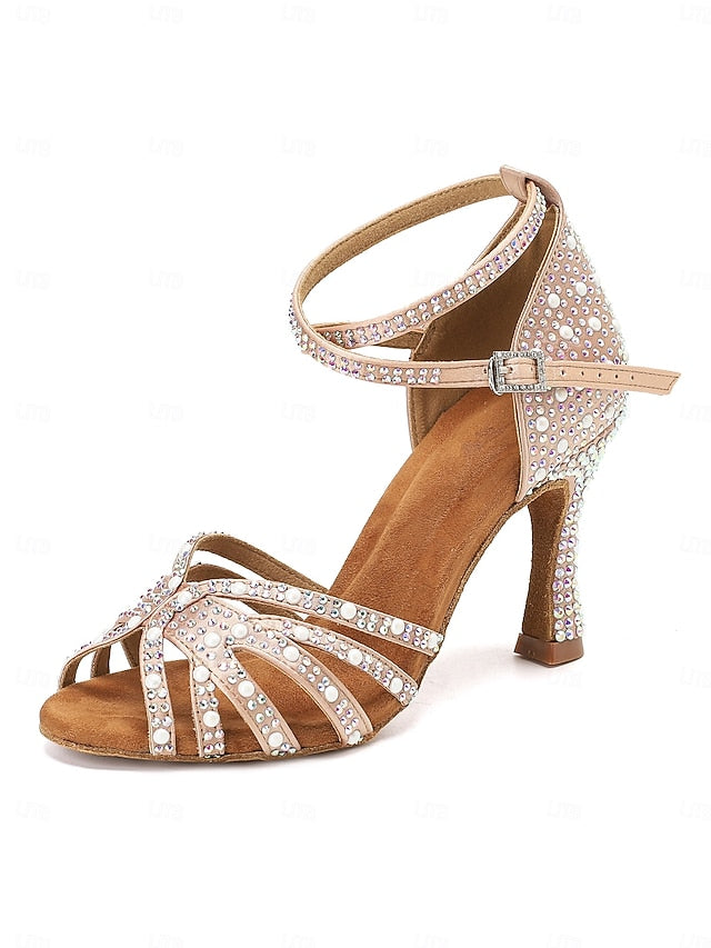 Sandals with Tan Latin Rhinestone-Embellished High Dance Heel
