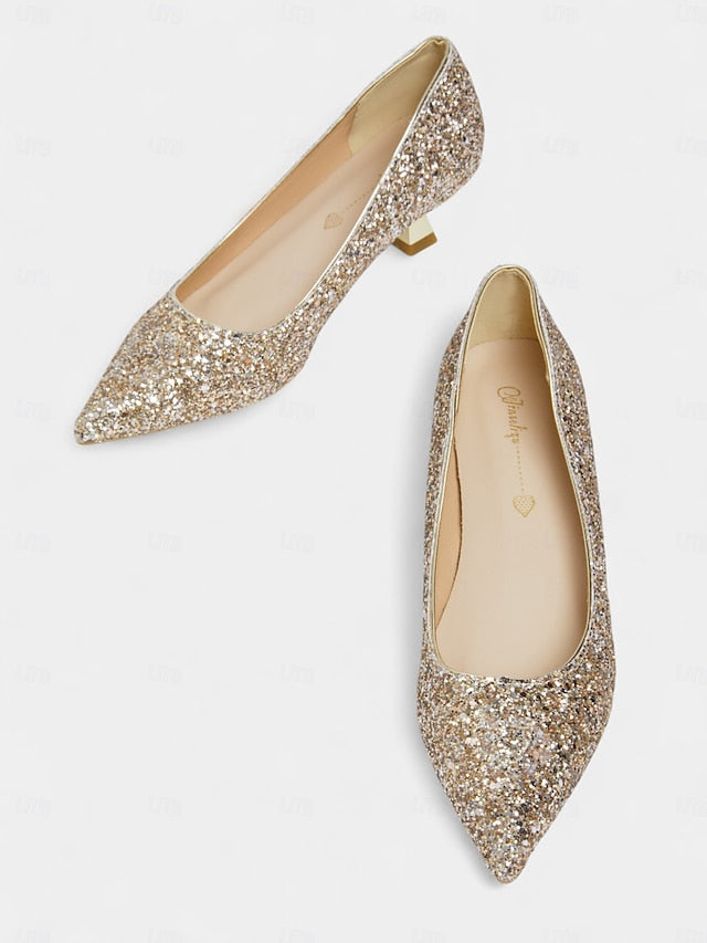 - Toe Heel Pointed Women's Glitter Low Sparkly Pumps